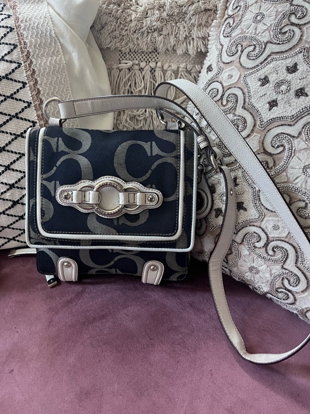 Sophia Caperelli Canvas Crossbody with Silver Trim & leather accents